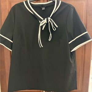 SHEIN Black Top with White Trim Tie Neck